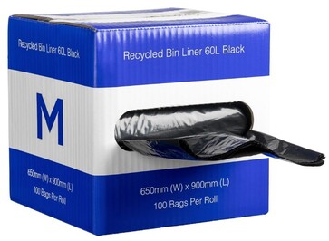 DB Recycled Bin Liner 60L - Black, 650mm x 900mm x 30mu *Dispenser Box - Matthews